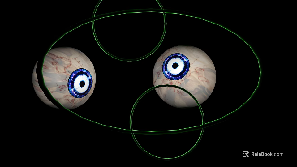 Two Human Eyes With Blue Irises And Green Circular Lines Against Black Background 3d model 
