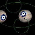 Two Human Eyes With Blue Irises And Green Circular Lines Against Black Background