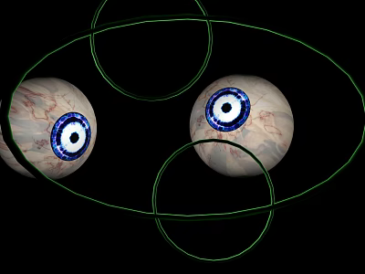 Two Human Eyes With Blue Irises And Green Circular Lines Against Black Background 3d model