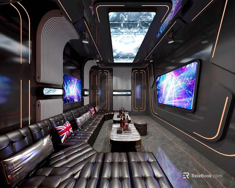 Modern Luxury KTV Room Interior Design With Double Large Screens Black Leather Sofas Starry Ceiling 3d model 