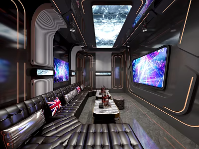 Modern Luxury KTV Room Interior Design With Double Large Screens Black Leather Sofas Starry Ceiling 3d model
