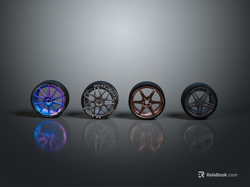 Alloy Car Wheels In Various Colors Blue Silver Copper Black Displayed Together 3d model 