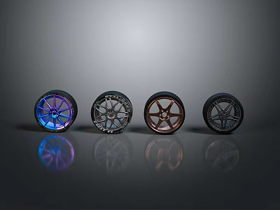 Alloy Car Wheels In Various Colors Blue Silver Copper Black Displayed Together 3d model