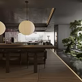Modern Dining Living Room Interior With Dark Flooring Wooden Cabinets And Grid Partition