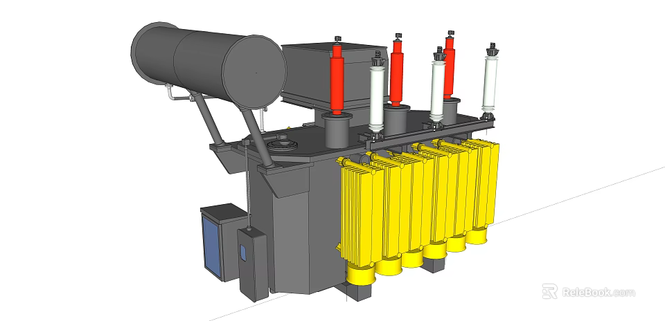 Industrial Equipment Featuring Gray Cylindrical Tank Red White Vertical Columns Yellow Components Blue Control Panel 3d model 