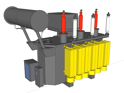 Industrial Equipment Featuring Gray Cylindrical Tank Red White Vertical Columns Yellow Components Blue Control Panel 3d model
