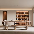 Modern Tea Room Interior With Wooden Shelves Long Table And Tea Sets