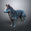 Realistic 3D Standing Dog Model With Blue Gray Fur On Shiny Gray Surface 3d model