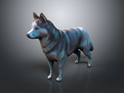 Realistic 3D Standing Dog Model With Blue Gray Fur On Shiny Gray Surface 3d model