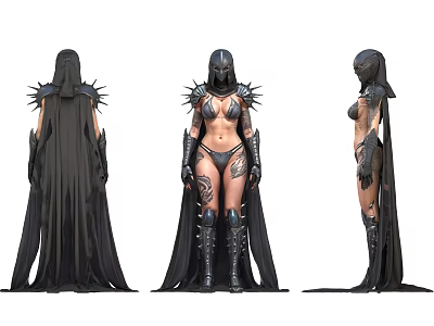 Dark Fantasy Female Game Character With Spiked Black Armor Long Cape Tattoos Tall Boots Three Angles 3d model