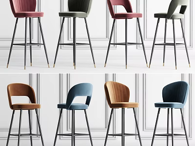 Modern Colorful Bar Stools With Velvet Upholstery And Metal Legs Design 3d model