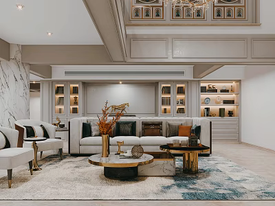Modern Elegant Basement Interior Design With Sofa Coffee Tables Rug And Bookshelves 3d model
