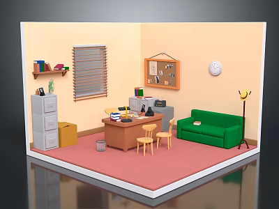 Cartoon Style Room Interior With Yellow Walls Window Blinds Green Sofa Wooden Desk Pink Carpet 3d model
