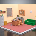 Cartoon Style Room Interior With Yellow Walls Window Blinds Green Sofa Wooden Desk Pink Carpet