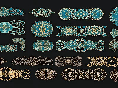 Blue and Gold Traditional Carved Patterns with Oriental Ornamental Artistic Design 3d model