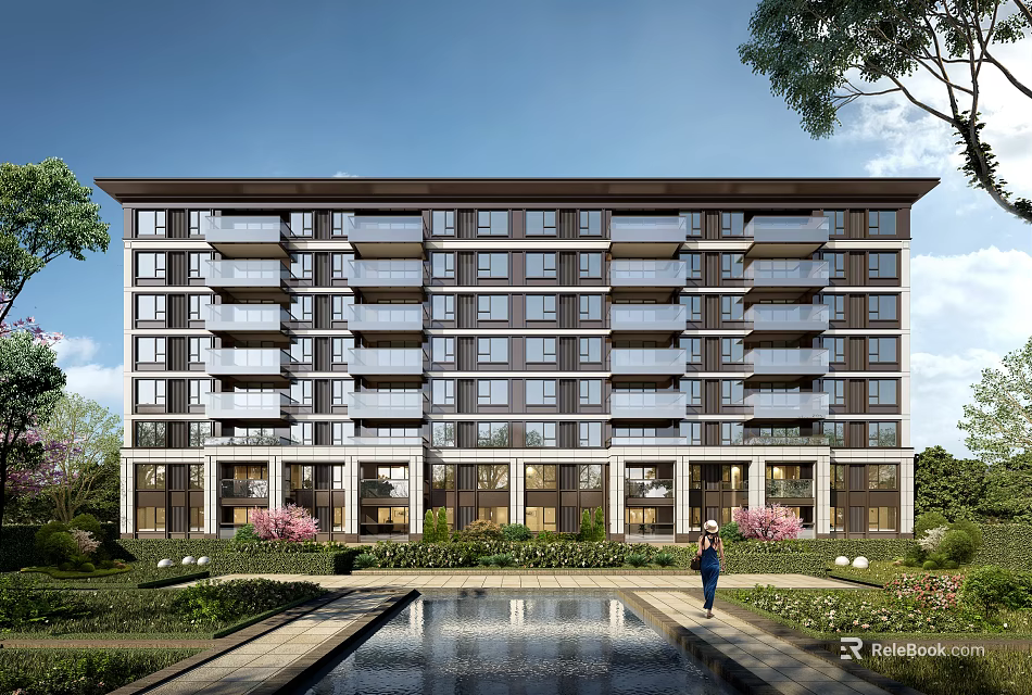 Modern Residential Building Exterior With Landscaping And Water Feature 3d model 