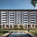 Modern Residential Building Exterior With Landscaping And Water Feature