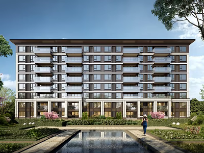 Modern Residential Building Exterior With Landscaping And Water Feature 3d model