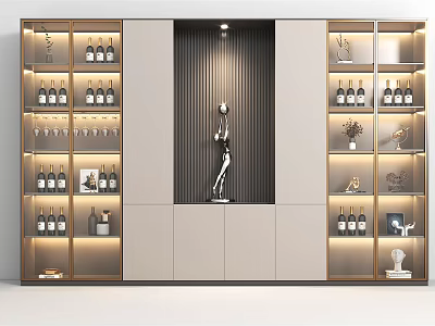 Modern Wine Cabinet With Glass Shelves LED Lighting Decorative Sculptures And Bottle Storage 3d model
