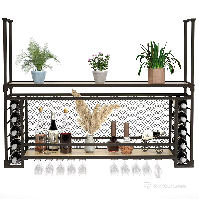 Modern Wine Cabinet With Metal Frame Grid Design Wine Bottles Glasses And Potted Plants 3d model 