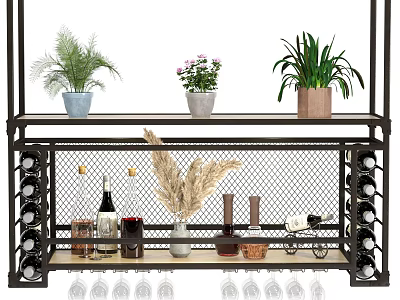 Modern Wine Cabinet With Metal Frame Grid Design Wine Bottles Glasses And Potted Plants 3d model