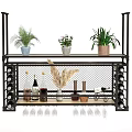 Modern Wine Cabinet With Metal Frame Grid Design Wine Bottles Glasses And Potted Plants