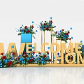 Welcome Home Decor Setup With Blue Pink Backdrop Gift Boxes And Flowers 3d model