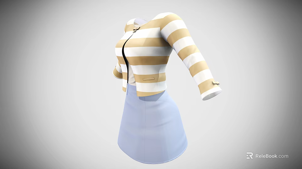 Stylish Striped Cropped Top With Zipper And Long Sleeves Light Blue Skirt 3d model 