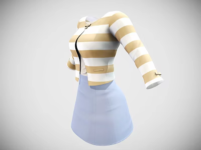 Stylish Striped Cropped Top With Zipper And Long Sleeves Light Blue Skirt 3d model