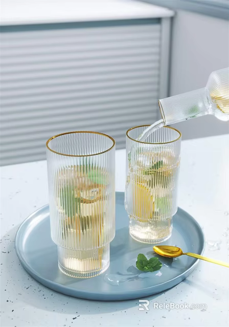 Clear Gold Rimmed Glasses With Ice Cubes Lemon Slices Mint Leaves On Light Blue Tray 3d model 