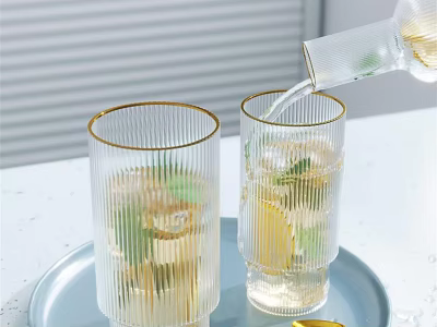 Clear Gold Rimmed Glasses With Ice Cubes Lemon Slices Mint Leaves On Light Blue Tray 3d model