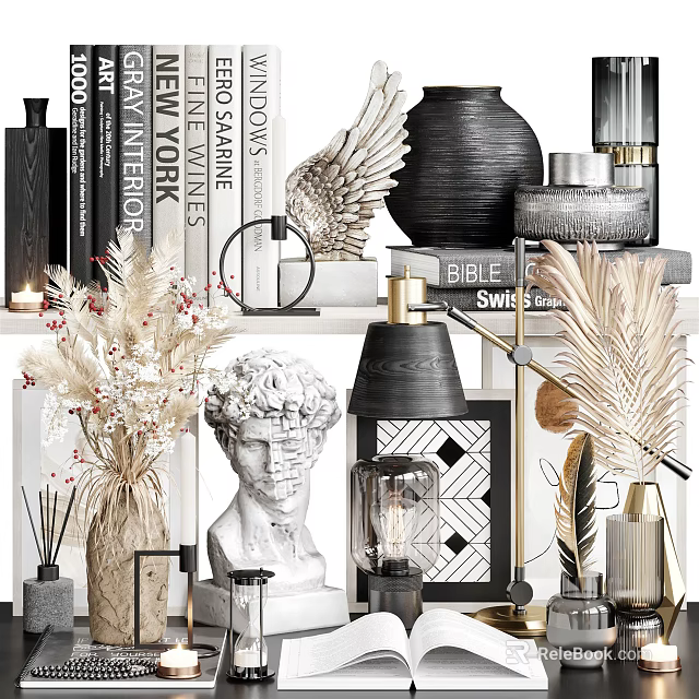 Elegant Decorative Ornament Set With Classical Sculpture Head Angel Wings Books Dried Flowers And Vases 3d model 
