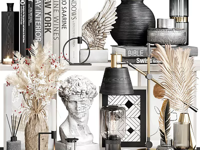 Elegant Decorative Ornament Set With Classical Sculpture Head Angel Wings Books Dried Flowers And Vases 3d model