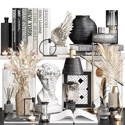 Elegant Decorative Ornament Set With Classical Sculpture Head Angel Wings Books Dried Flowers And Vases 3d model