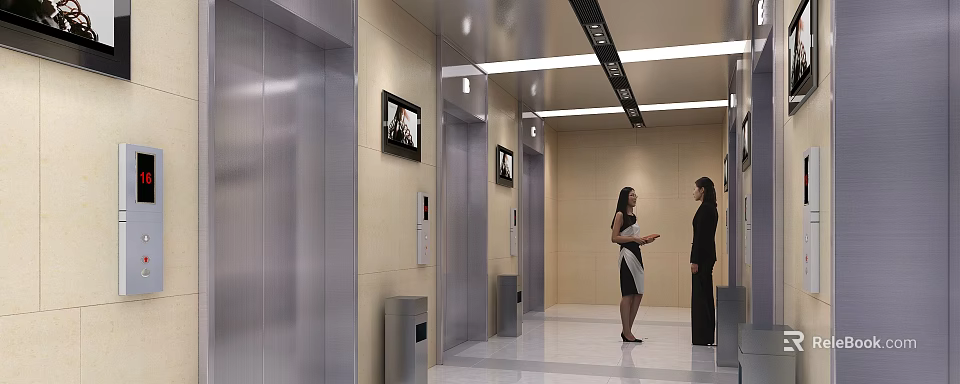 Modern Elevator Hallway With Silver Elevators TV Screens Bright Lighting And People Talking 3d model 