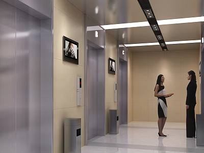 Modern Elevator Hallway With Silver Elevators TV Screens Bright Lighting And People Talking 3d model