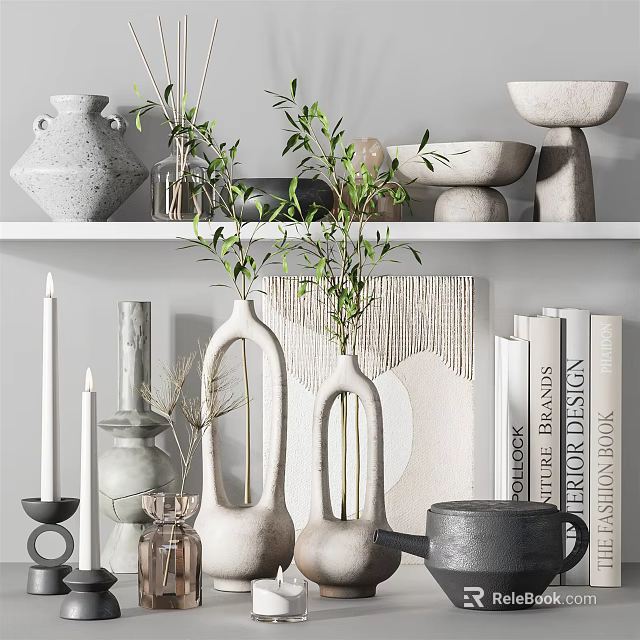Decorative Ornaments Set With Vases Candles Plants Books And Bowls 3d model 