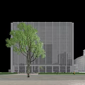 Modern Office Building With Glass Curtain Wall And Green Trees Under Blue Sky