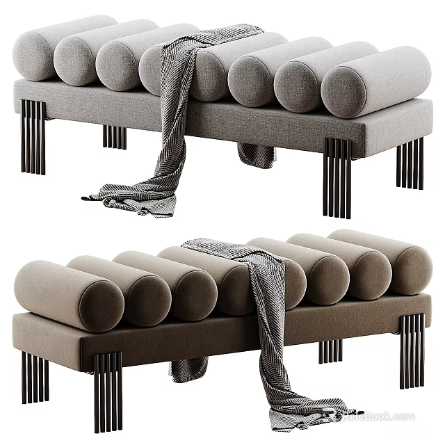 Modern Bed Bench With Cylindrical Cushions Gray Brown Metal Legs And Draped Blanket 3d model 
