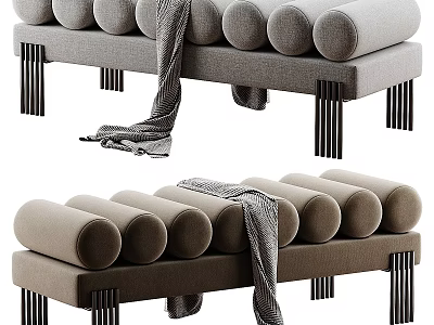 Modern Bed Bench With Cylindrical Cushions Gray Brown Metal Legs And Draped Blanket 3d model