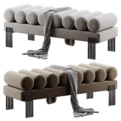 Modern Bed Bench With Cylindrical Cushions Gray Brown Metal Legs And Draped Blanket 3d model