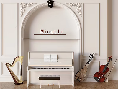 Elegant White Carved Wall Interior With Minotti Archway Piano Harp Violin And Mandolin 3d model