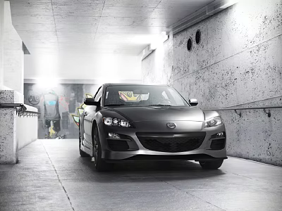 Black Mazda Sports Car Parked In Industrial Style Tunnel With Concrete Walls And Lighting 3d model