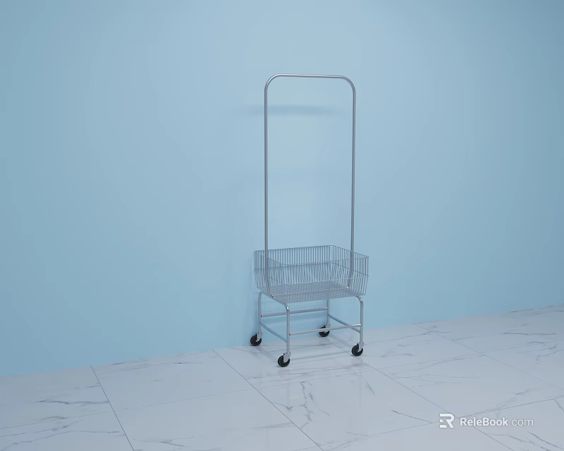 Metal Cart With Wire Basket And Wheels Against Light Blue Wall On White Marble Floor 3d model 