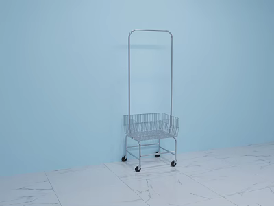 Metal Cart With Wire Basket And Wheels Against Light Blue Wall On White Marble Floor 3d model