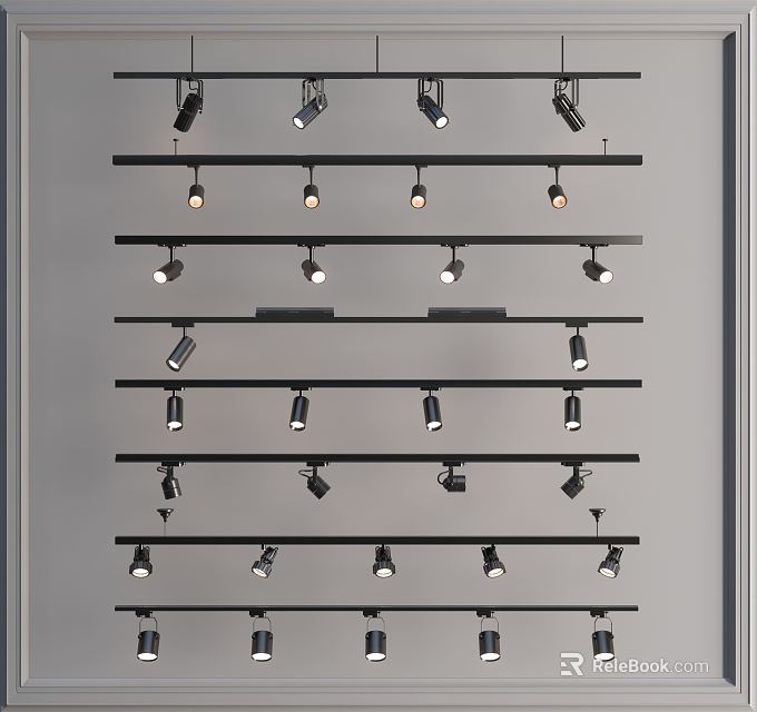 Modern Downlights and Spotlights Display Featuring Various Styles on Arranged Shelves 3d model 