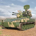 Military Camouflage Tank With Radar Missile Launchers And Dual Cannons In Desert Terrain