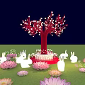 Red Decorative Tree With White Lights Rabbit Ornaments And Pink Lotus Flowers On Green Grass