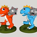 Orange And Blue Dinosaur Toys Carrying Gray Kittens On Green Bases