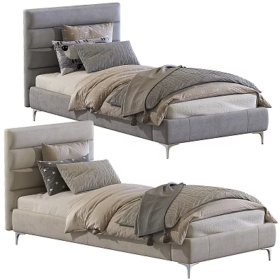 Modern Single Bed with Upholstered Headboard and Neutral Tones Bedding Design 3d model